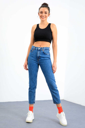 Tommylife Toptan Lacivert Basic Sıfır Kol Dar Kalıp U Yaka Kadın Crop Top Atlet - 97160