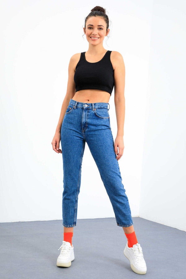 Tommylife Toptan Lacivert Basic Sıfır Kol Dar Kalıp U Yaka Kadın Crop Top Atlet - 97160