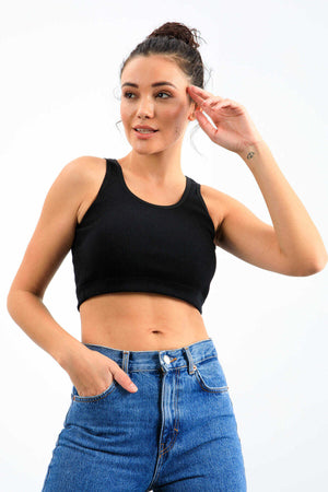 Tommylife Toptan Lacivert Basic Sıfır Kol Dar Kalıp U Yaka Kadın Crop Top Atlet - 97160