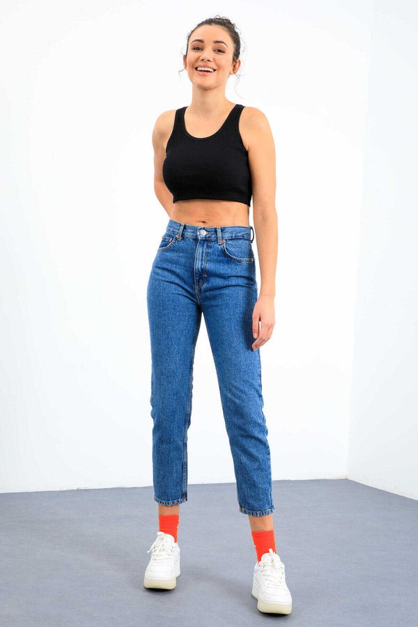 Maiou scurt pentru femei, bleumarin, fără mâneci, croială slim fit, cu decolteu în U, Tommylife Wholesale - 97160