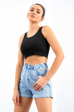 Maiou scurt pentru femei, bleumarin, fără mâneci, croială slim fit, cu decolteu în U, Tommylife Wholesale - 97162