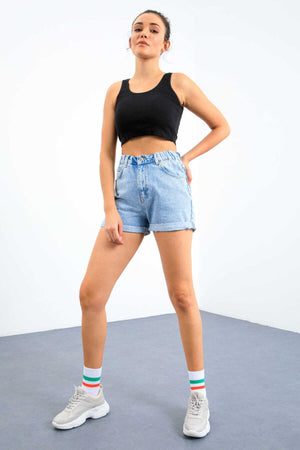 Maiou scurt pentru femei, bleumarin, fără mâneci, croială slim fit, cu decolteu în U, Tommylife Wholesale - 97162