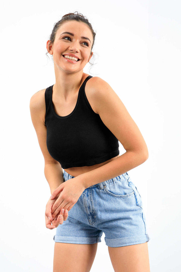 Tommylife Toptan Lacivert Basic Sıfır Kol Dar Kalıp U Yaka Kadın Crop Top Atlet - 97162