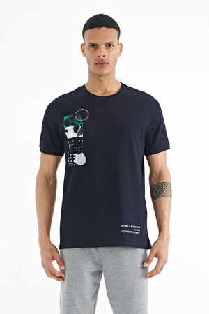 Tommylife Toptan Lacivert Baskı O Yaka Detaylı Standart Form Erkek T-Shirt - 88216