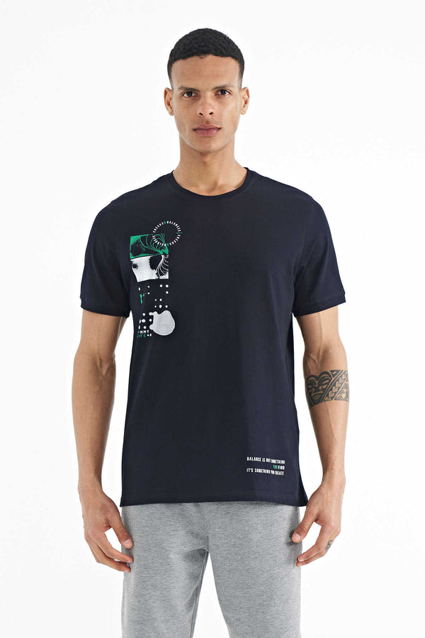 Tommylife Toptan Lacivert Baskı O Yaka Detaylı Standart Form Erkek T-Shirt - 88216