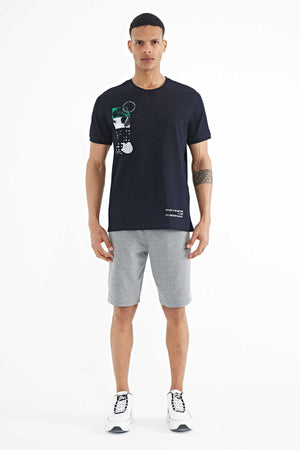 Tommylife Toptan Lacivert Baskı O Yaka Detaylı Standart Form Erkek T-Shirt - 88216