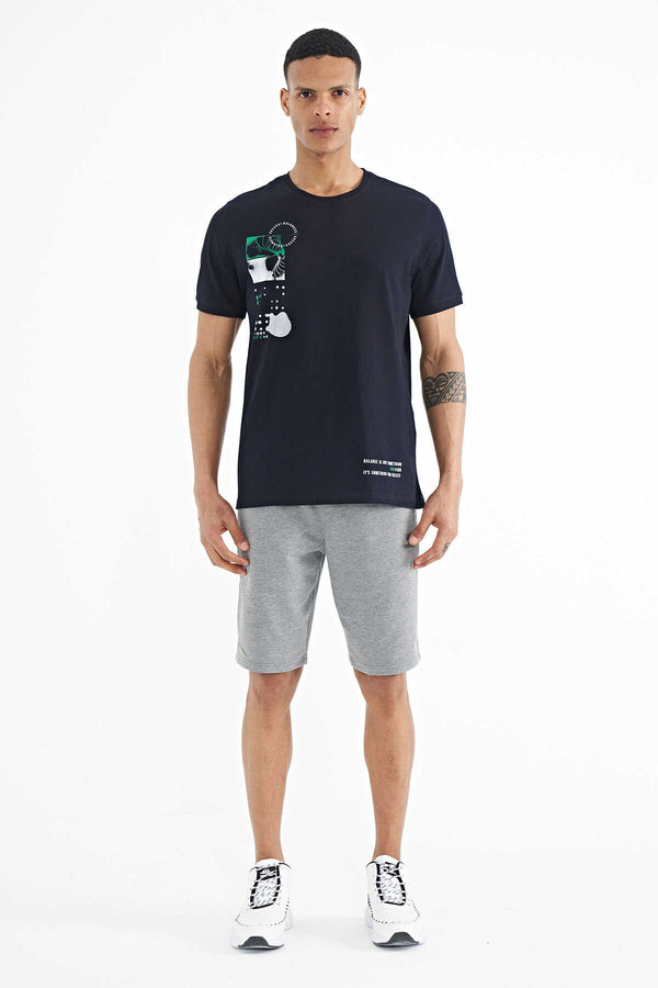 Tommylife Toptan Lacivert Baskı O Yaka Detaylı Standart Form Erkek T-Shirt - 88216
