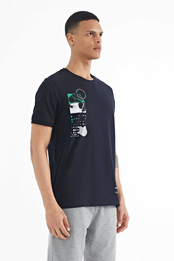 Tommylife Toptan Lacivert Baskı O Yaka Detaylı Standart Form Erkek T-Shirt - 88216