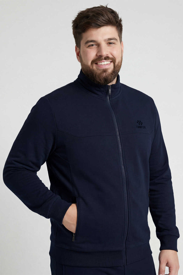 Tommylife Toptan Lacivert Dik Yaka Klasik Paça Büyük Beden Erkek Eşofman Takım - 85176