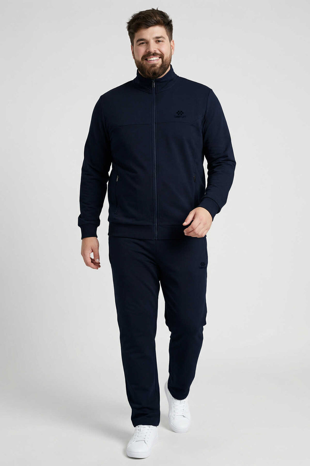 Tommylife Toptan Lacivert Dik Yaka Klasik Paça Büyük Beden Erkek Eşofman Takım - 85176