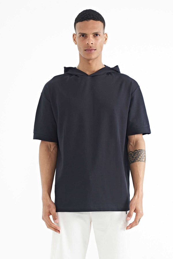 Tommylife Toptan Lacivert Kapüşonlu Kol Etiket Detaylı Oversize Erkek T-Shirt - 88179