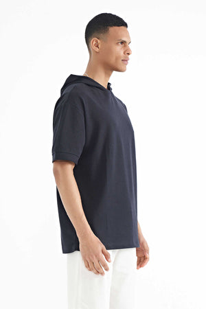 Tommylife Toptan Lacivert Kapüşonlu Kol Etiket Detaylı Oversize Erkek T-Shirt - 88179