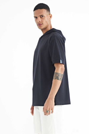 Tommylife Toptan Lacivert Kapüşonlu Kol Etiket Detaylı Oversize Erkek T-Shirt - 88179