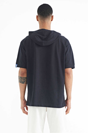 Tommylife Toptan Lacivert Kapüşonlu Kol Etiket Detaylı Oversize Erkek T-Shirt - 88179