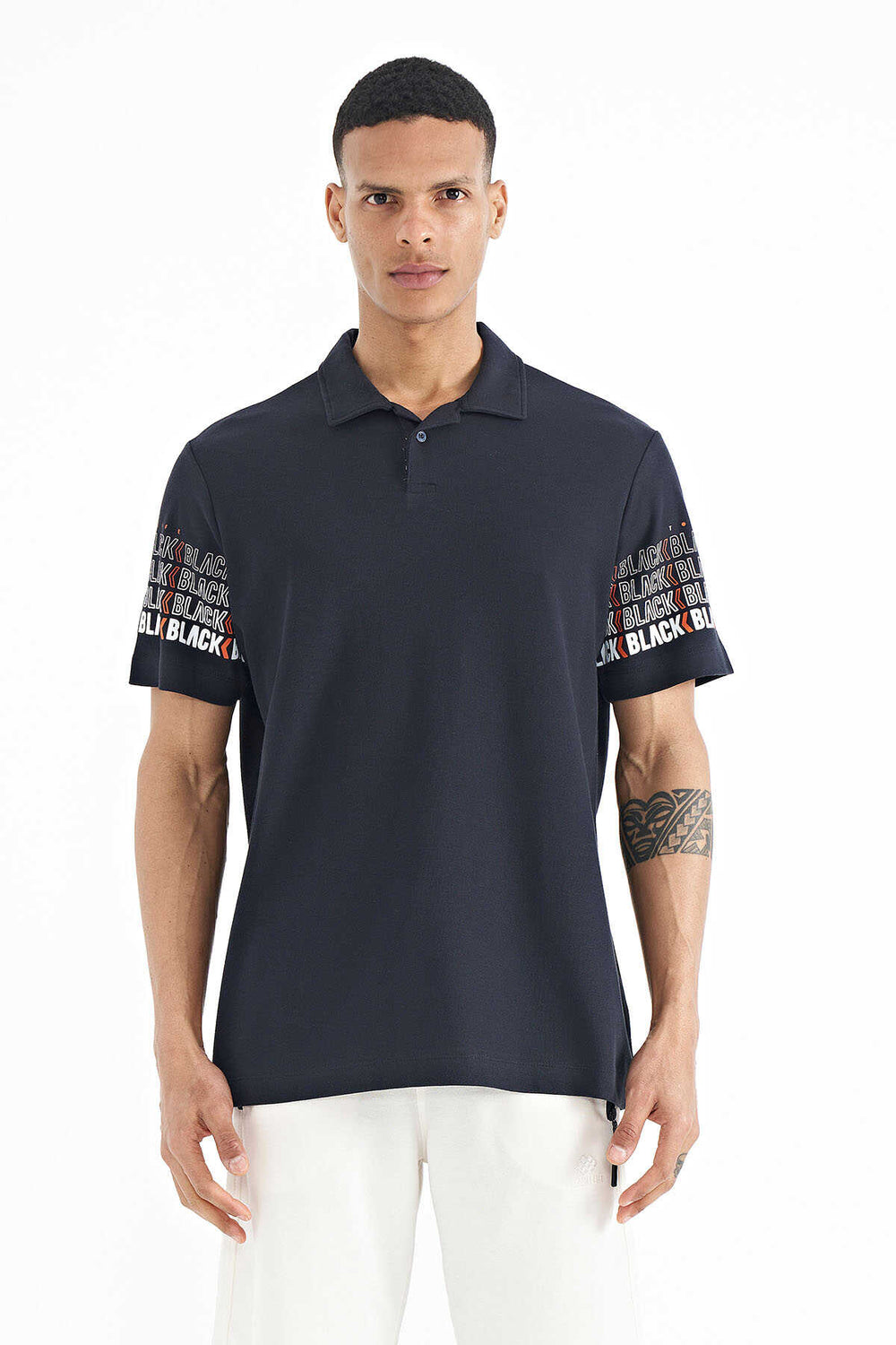Tommylife Toptan Lacivert Kol Baskı Detaylı Polo Yaka Standart Form Erkek T-Shirt - 88240
