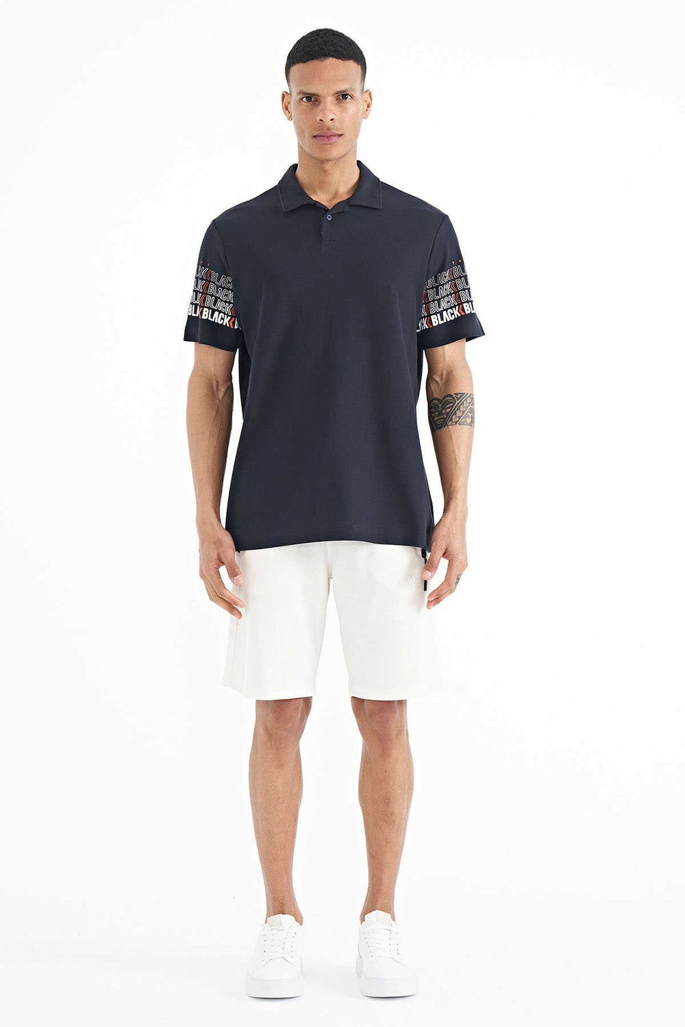 Tommylife Toptan Lacivert Kol Baskı Detaylı Polo Yaka Standart Form Erkek T-Shirt - 88240