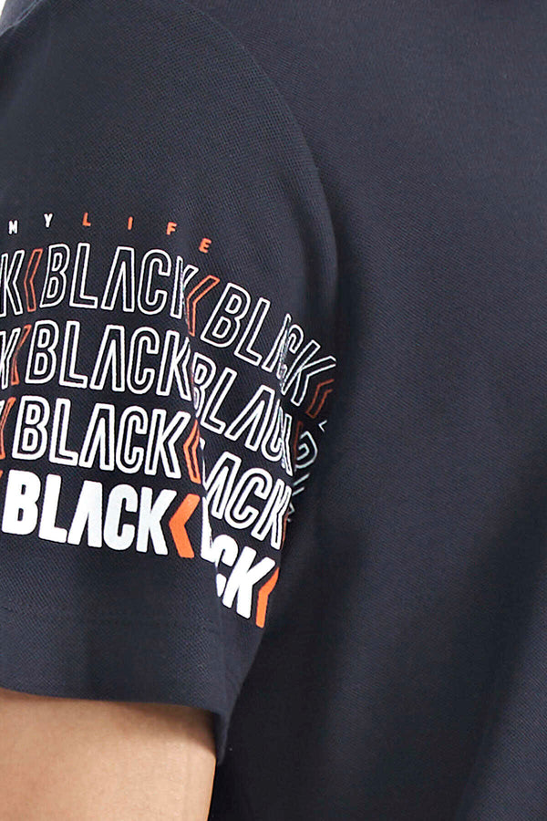 Tommylife Toptan Lacivert Kol Baskı Detaylı Polo Yaka Standart Form Erkek T-Shirt - 88240