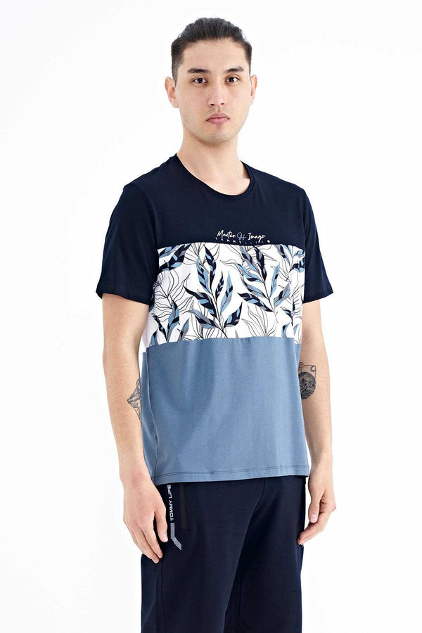 Tricou bărbătesc Tommylife Wholesale, bleumarin, cu imprimeu în gradient, guler rotund, croială standard - 88177