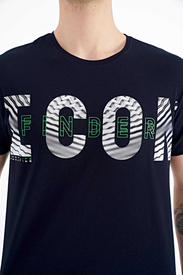 Tommylife Toptan Lacivert Yazı Baskı Detaylı O Yaka Standart Kalıp Erkek T-Shirt - 88187