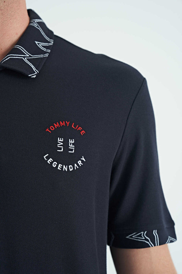 Tommylife Toptan Lacivert Yazı Nakışlı Baskı Detaylı Standart Kalıp Polo Yaka Erkek T-Shirt - 88239