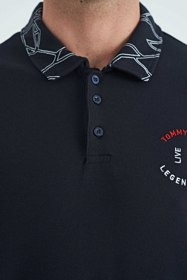 Tommylife Toptan Lacivert Yazı Nakışlı Baskı Detaylı Standart Kalıp Polo Yaka Erkek T-Shirt - 88239