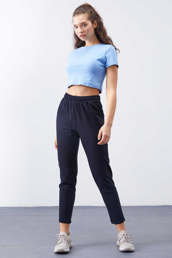 Pantaloni de trening pentru femei, bleumarin, cu talie înaltă, Tommylife, en-gros, model jogger, croială confortabilă, croială slim - 94566
