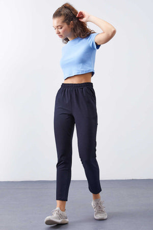 Pantaloni de trening pentru femei, bleumarin, cu talie înaltă, Tommylife, en-gros, model jogger, croială confortabilă, croială slim - 94566