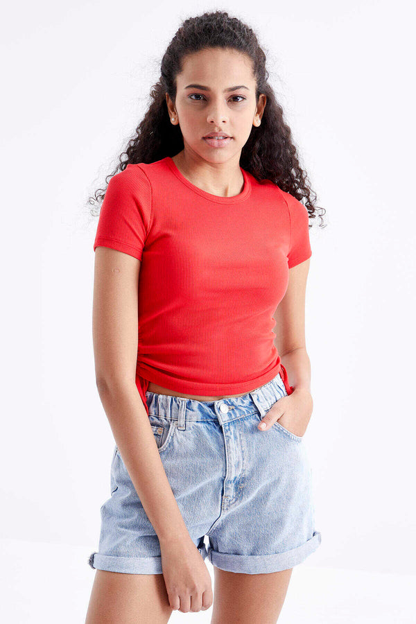 Tommylife Wholesale Tricou scurt pentru femei cu imprimeu floral de rodie, cu guler în O, model simplu, cu încrețituri laterale, model floral - 97203