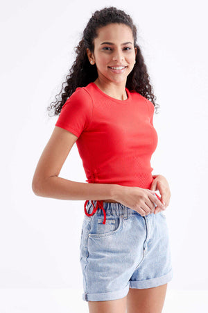 Tommylife Wholesale Tricou scurt pentru femei cu imprimeu floral de rodie, cu guler în O, model simplu, cu încrețituri laterale, model floral - 97203