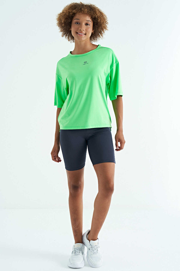 Tommylife Toptan Neon Yeşil O Yaka Baskı Detaylı Oversize Kısa Kol Kadın T-Shirt - 97263