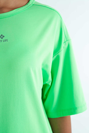 Tommylife Toptan Neon Yeşil O Yaka Baskı Detaylı Oversize Kısa Kol Kadın T-Shirt - 97263