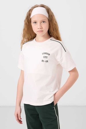 Tommylife Toptan O Yaka Baskılı Lastik Paçalı Standart Fit Kız Çocuk Eşofman Takım 75186 Ekru Çam Yeşil