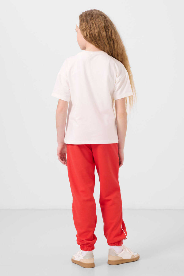 Tommylife Toptan O Yaka Baskılı Lastik Paçalı Standart Fit Kız Çocuk Eşofman Takım 75186 Ekru Fiesta