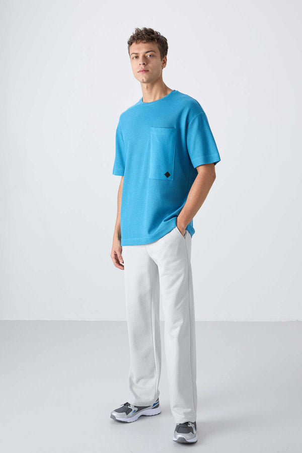 Tommylife Toptan O Yaka Oversize Basic Erkek T-Shirt 88341 Petrol Mavi