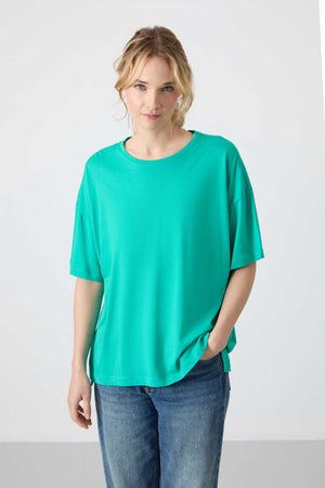 Tommylife Toptan O Yaka Oversize Basic Kadın T-Shirt 97285 Deniz Yeşili