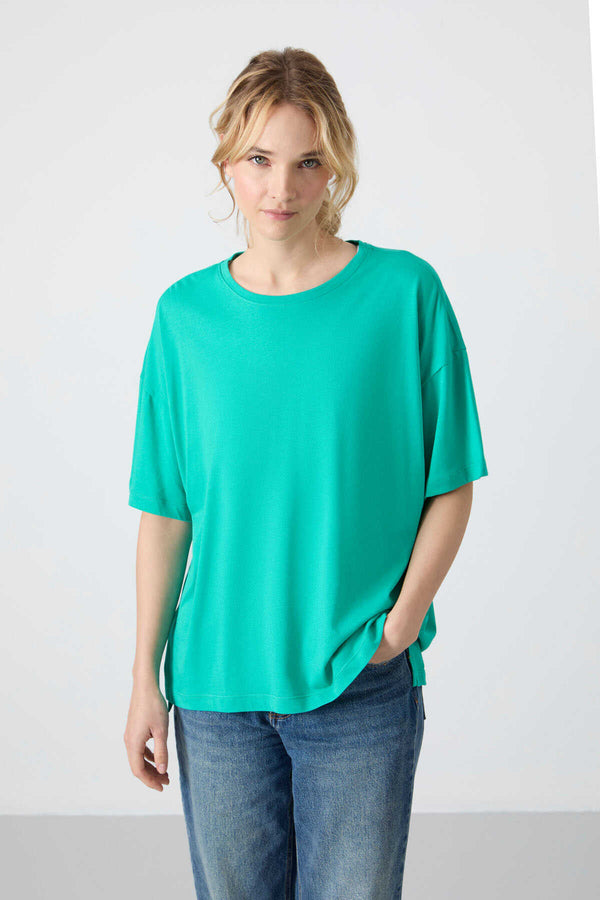 Tommylife Toptan O Yaka Oversize Basic Kadın T-Shirt 97285 Deniz Yeşili