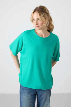 Tommylife Toptan O Yaka Oversize Basic Kadın T-Shirt 97285 Deniz Yeşili