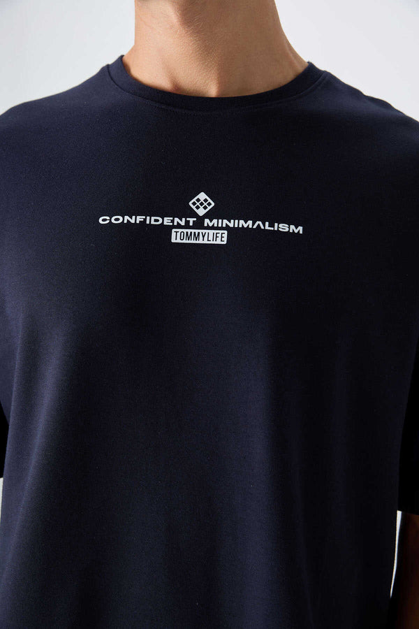 Tommylife Toptan O Yaka Oversize Baskılı Erkek T-Shirt 88321 Lacivert