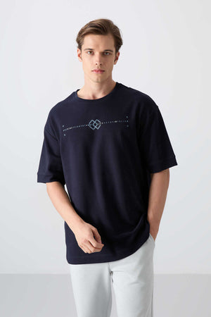 Tommylife Toptan O Yaka Oversize Baskılı Erkek T-Shirt 88323 Lacivert