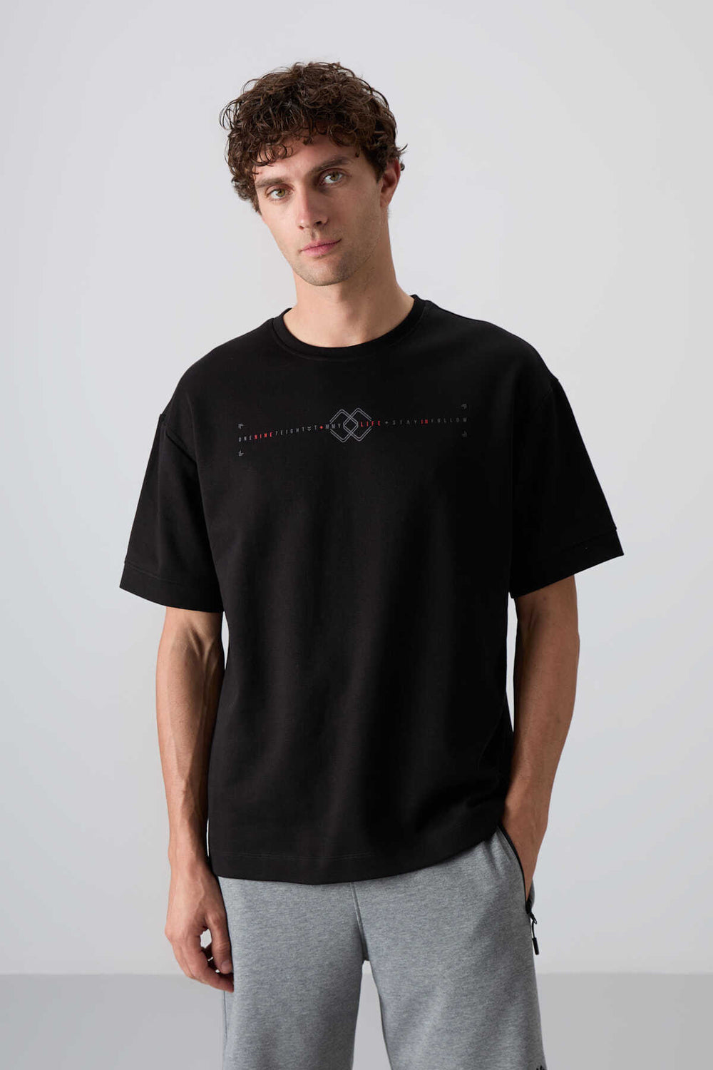 Tommylife Toptan O Yaka Oversize Baskılı Erkek T-Shirt 88323 Siyah