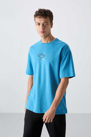 Tommylife Toptan O Yaka Oversize Baskılı Erkek T-Shirt 88325 Petrol Mavi