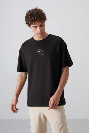 Tommylife Toptan O Yaka Oversize Baskılı Erkek T-Shirt 88325 Siyah
