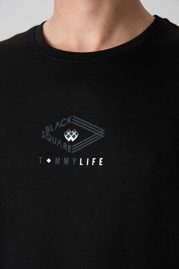 Tommylife Toptan O Yaka Oversize Baskılı Erkek T-Shirt 88325 Siyah