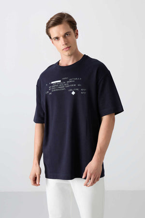 Tommylife Toptan O Yaka Oversize Baskılı Erkek T-Shirt 88326 Lacivert