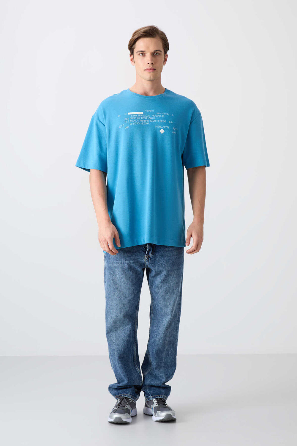Tommylife Toptan O Yaka Oversize Baskılı Erkek T-Shirt 88326 Petrol Mavi