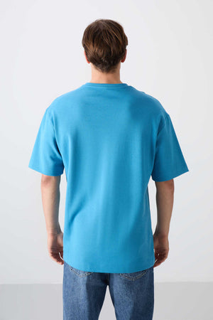 Tommylife Toptan O Yaka Oversize Baskılı Erkek T-Shirt 88326 Petrol Mavi