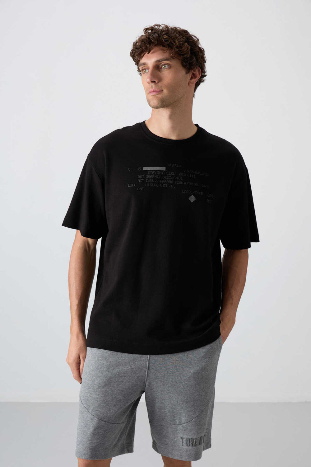 Tommylife Toptan O Yaka Oversize Baskılı Erkek T-Shirt 88326 Siyah