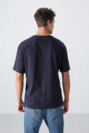 Tommylife Toptan O Yaka Oversize Baskılı Erkek T-Shirt 88328 Lacivert
