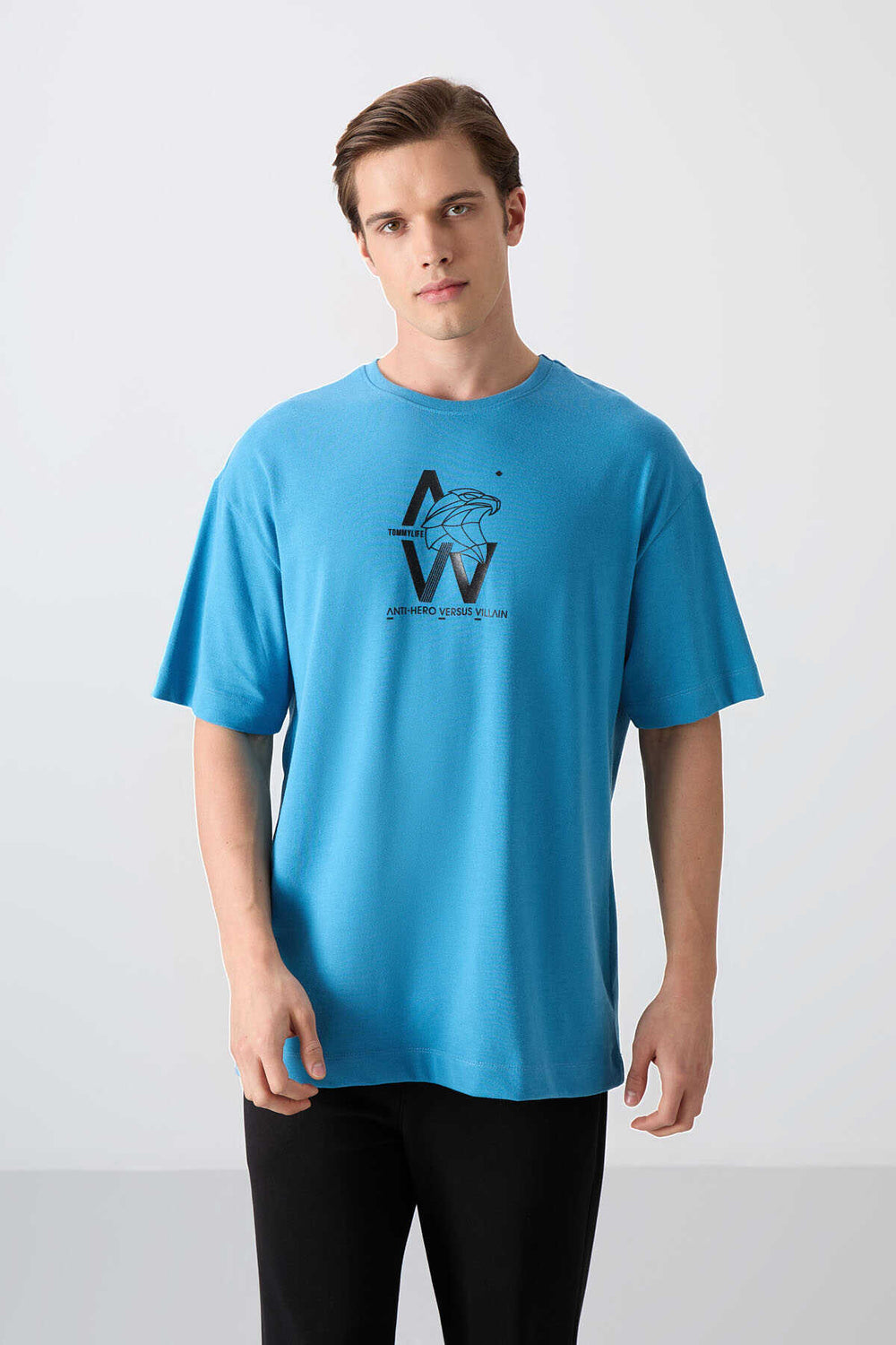 Tommylife Toptan O Yaka Oversize Baskılı Erkek T-Shirt 88332 Petrol Mavi