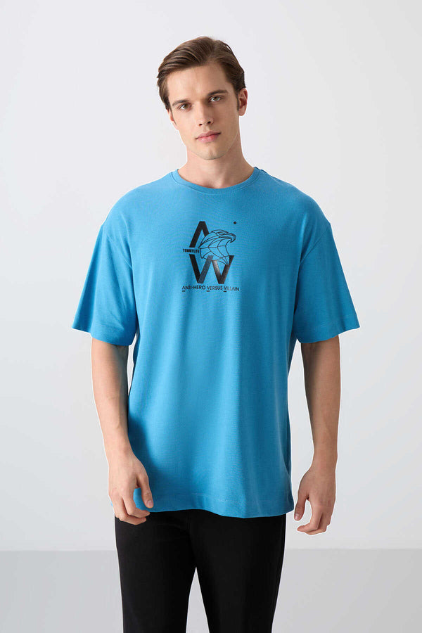 Tommylife Toptan O Yaka Oversize Baskılı Erkek T-Shirt 88332 Petrol Mavi